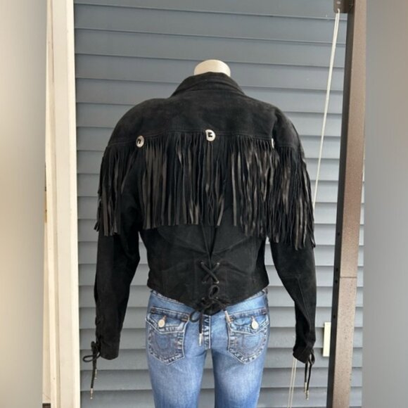 Vintage Retro 80s Black Suede Cropped Fringe Concho Cowgirl Western Jacket~M~ - Picture 5 of 8